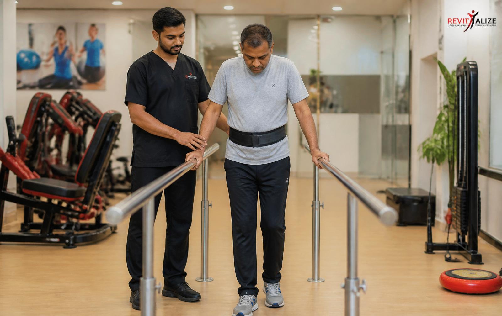 Physiotherapist assisting a patient with gait training at NeuroSpine Raipur
